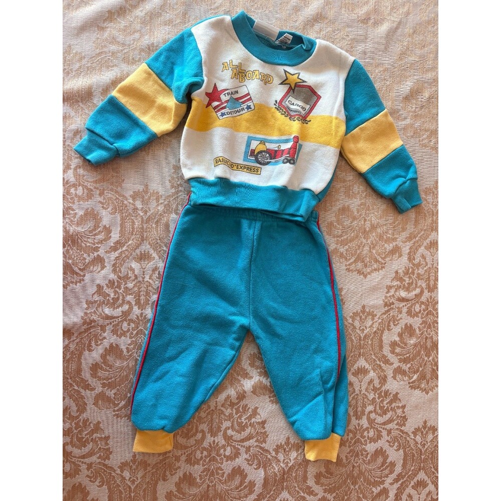 90s Toddler Boys 18m Color Block Sweatsuit Jogger Set Blue Yellow Train Vintage